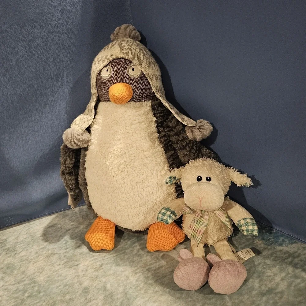 Pier 1 Imports Penguin & Lamb Plush Lot Winter Farmhouse Decor Stuffed Animals